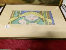 A framed and glazed coloured pencil study of a schoolgirl writing signed J Smedley 1967