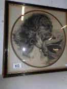A framed and glazed charcoal drawing of a spaniel with a woodcock in its mouth, image 32cm diameter,