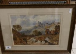 A framed and glazed watercolour, castle on mountain top with uncompleted figures in the foreground,