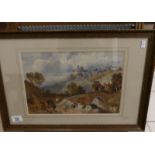 A framed and glazed watercolour, castle on mountain top with uncompleted figures in the foreground,