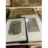 A framed and glazed etching of Lincoln Cloisters and 2 other framed and glazed pictures