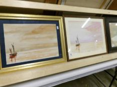 A pair of framed and glazed watercolour seascapes signed Dennis Woodin images 34 x 25cm and 38 x