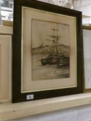 A framed watercolour (missing glass) nautical scene signed H Hall, image 39 x 27.