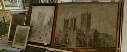 4 framed and glazed studies of Lincoln cathedral including extremely good tapestry and a