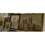 4 framed and glazed studies of Lincoln cathedral including extremely good tapestry and a