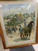 A framed and glazed Victorian print, village scene with children and horse, Image 56.5 x 42.