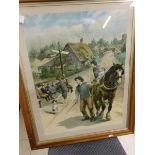 A framed and glazed Victorian print, village scene with children and horse, Image 56.5 x 42.