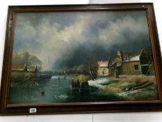 A framed oil on canvas village and river scene, image 90 x 60cm,