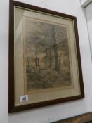 A framed and glazed pencil drawing forest scene signed Thomas Barnett, image 37 x 27cm,