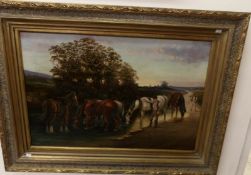 A gilt framed oil on canvas of horses in river, signed A H Trengrove, image 75 x 50cm,
