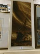 A modern oil painting on board of a tall ship signed Hawkes, image 67 x 29cm,