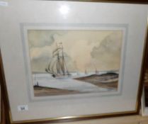 A framed and glazed watercolour depicting tall ship and sail boats signed G Coldron '84,