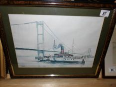 A framed and glazed print study of a steamship under a bridge signed D Bell, image 39.5 x 26.
