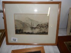 A framed and glazed watercolour lake and mountain scene, image 20 x 12cm,
