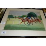 A framed and glazed watercolour of a horse race, signed N Lovett image 40 x 29cm,