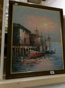 A framed oil on canvas depicting boats on quayside, signed W Jones, image 60 x 49cm,