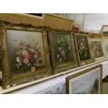 3 framed oil on canvas floral still life studies all signed and an oil on board floral study,