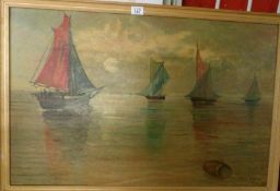 An oil on board seascape with sail boats, signed J Guidio August 1957, image 87 x 57cm,