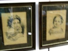 A pair of 19th century oak framed charcoal and pencil portraits of young ladies signed Jas.