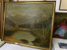 An oil on canvas river and mountain scene, signed but indistinct image 75 x 62cm,