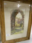 An early 20th century original watercolour of a church archway with steps signed M.S.H.