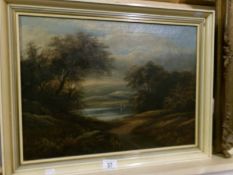 A framed oil on canvas country scene signed F Barker, image 49 x 36cm,