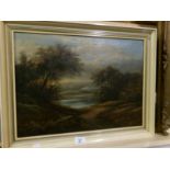 A framed oil on canvas country scene signed F Barker, image 49 x 36cm,