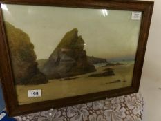 A framed and glazed watercolour, Bishop Rock, Newquay, signed Ben Graham, image 43 x 29cm,