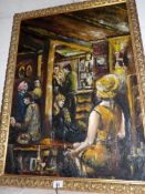 A large gilt framed palette on board inn scene, image 82 x 60cm,