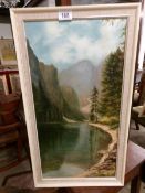 An oil on board lake and mountain scene signed E Hodge, image 58 x 39cm,