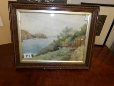 A framed and glazed watercolour coastal inlet signed J Leach 1923, image 32 x 24cm,