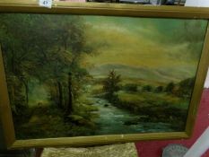 A 19th century oil on canvas of a forest walk by a stream, image 74 x 50cm,