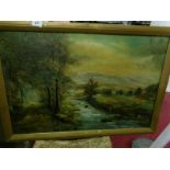 A 19th century oil on canvas of a forest walk by a stream, image 74 x 50cm,