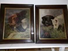 A pair of oak framed oil on canvas of dogs, signed L Holland 1921 images 54 x 44cm,