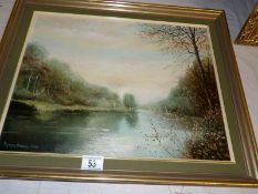 An oil on board river scene signed Peter Snell 1974, image 44 x 34cm,