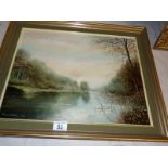 An oil on board river scene signed Peter Snell 1974, image 44 x 34cm,