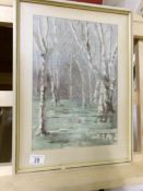 A framed and glazed forest scene watercolour signed Keith Elland, image 36 x 25cm,