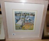 A framed and glazed watercolour, harbour scene, signed Morris, image 21 x 22cm,