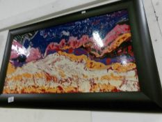 A framed abstract oil on board painting by Dorothy Lee Roberts, image 75 x 39,