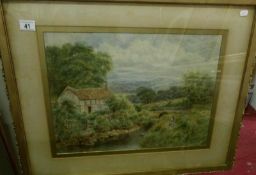 A framed and glazed thatched cottage in watercolour signed I W Hepple, image 52 x 38cm,