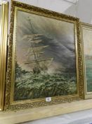 A large gilt framed oil on board, ship in rough seas, signed F Jackson, image 61 x 48cm,