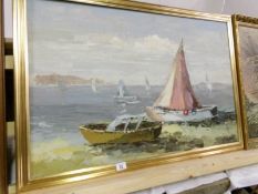 A large gilt framed oil on board nautical scene, image 92 x 61cm,