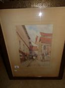A framed and glazed watercolour 'Pump Court, York' by W H Outhwaite, image 37 x 26cm,