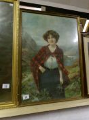 A framed and glazed study print of a young Scottish Lassie signed Rosamund Lundo?, image 60 x 43cm,