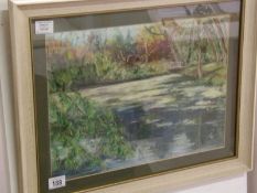 A framed and glazed watercolour river scene signed L I Warburton, image 45 x 32cm,