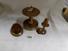 A treen pin cushion and 2 other items