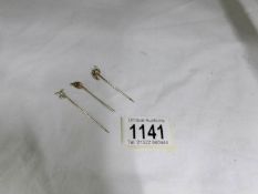 3 19th century gold stick pins, 1 set aquamarine,