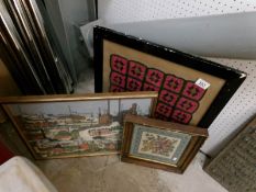 2 framed and glazed tapestries and a framed and glazed crochet work