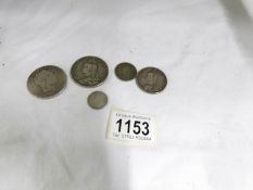 An 1820 silver coin, 3 Victorian silver coins and a 1914 silver coin, approx.