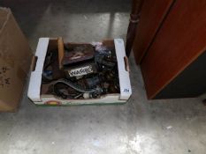 A box of miscellaneous including spelter figure a/f, filed glasses,